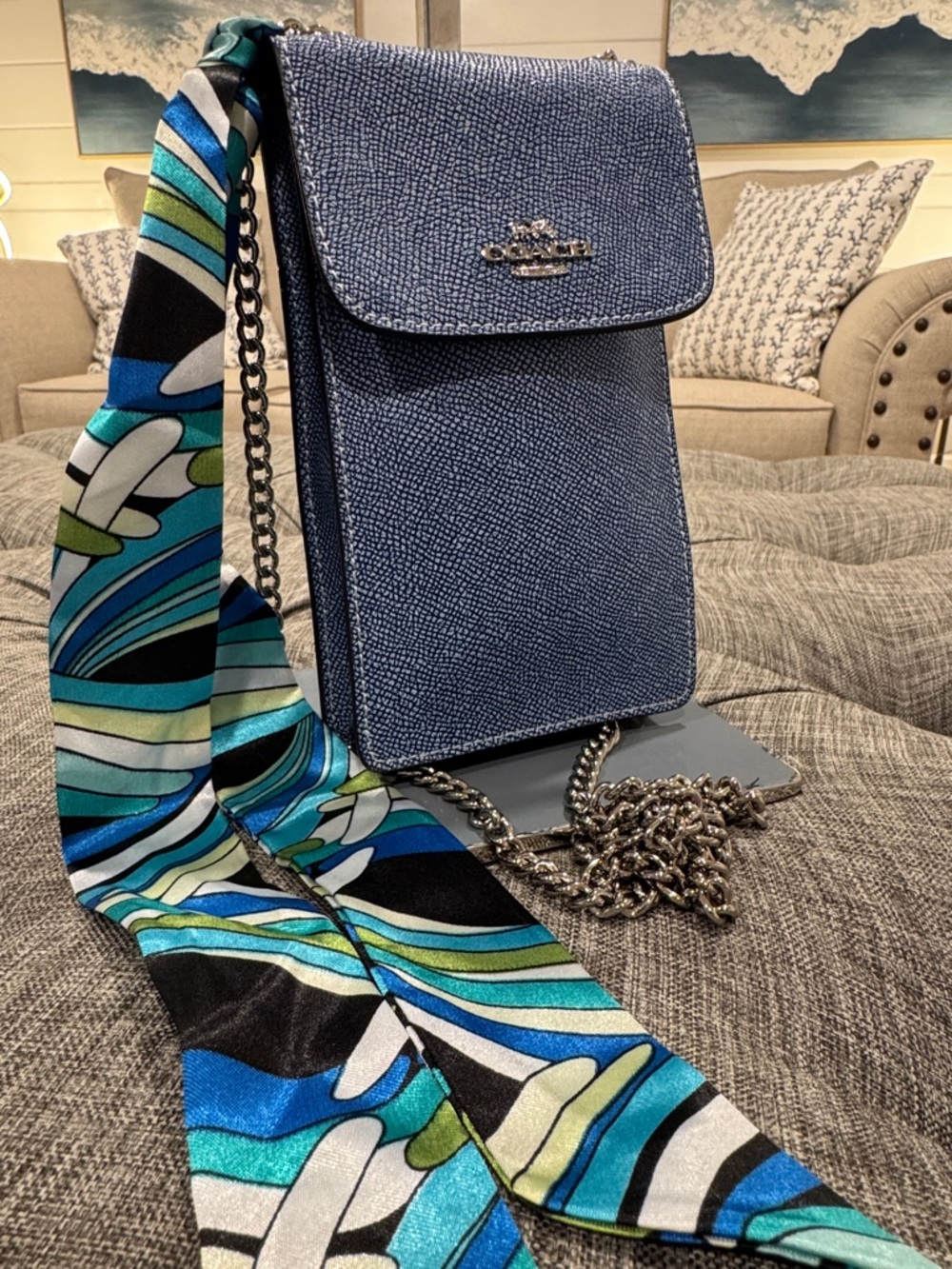 Coach North South Light Denim Blue Leather Crossbody Phone Pouch with Chain - Picture 3 of 17